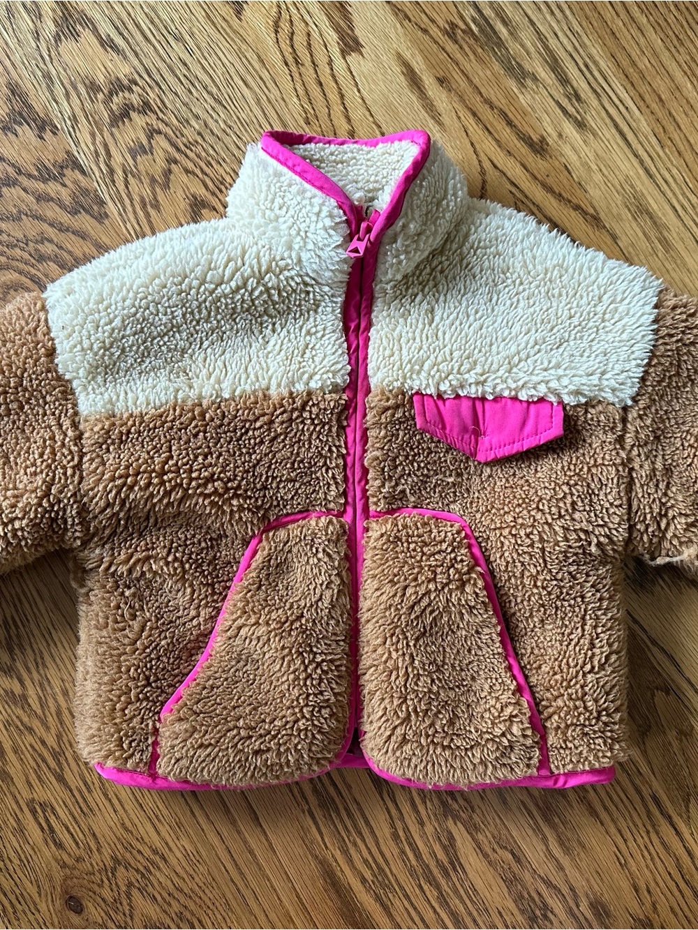 Zara Cream & Brown Sherpa Jacket with Pink Trim
